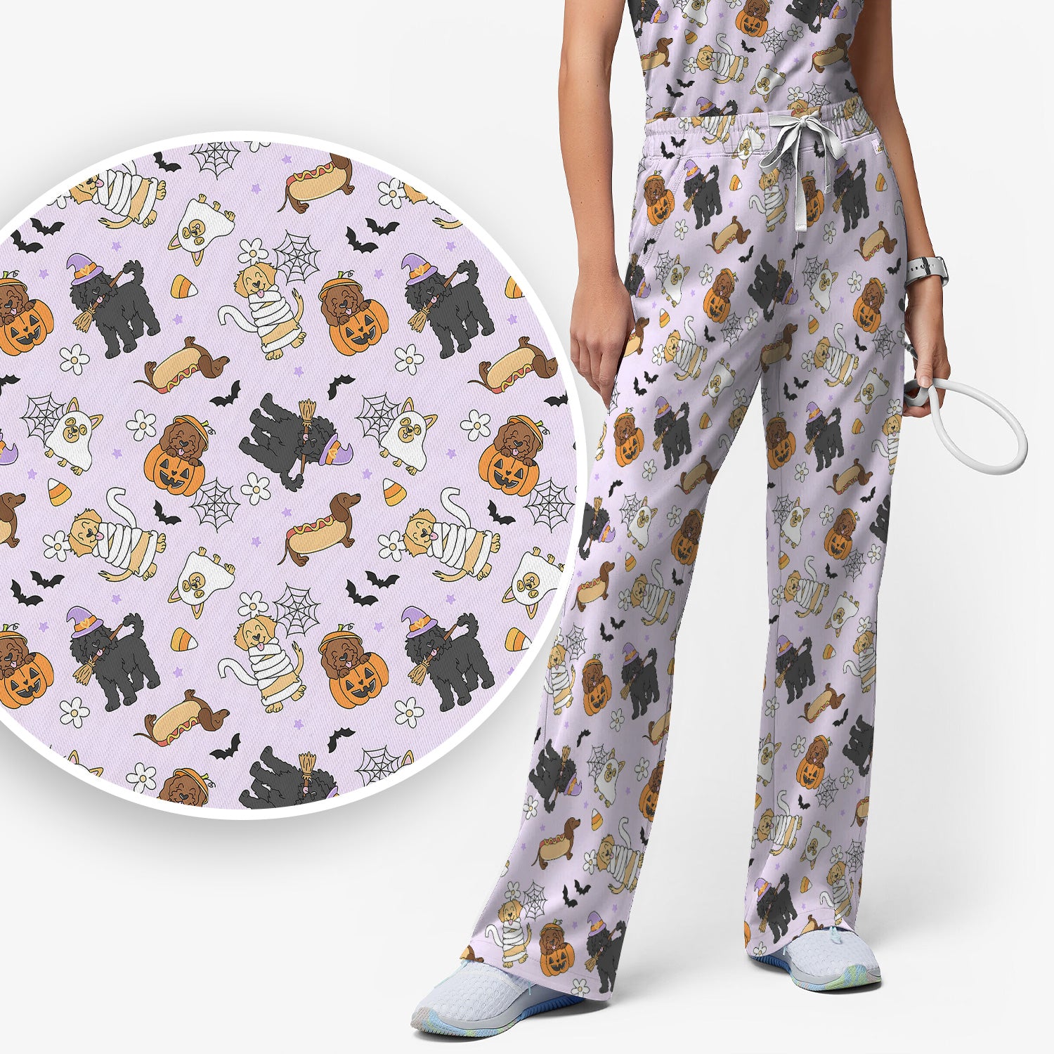 Cute Halloween Costumed Pets Scrub Set, Scrub Pants and V Neck Top