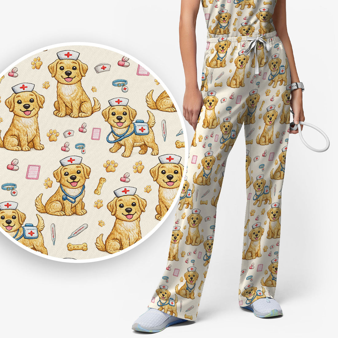Cute Puppy Nurse Medical Print Women’s Scrub Set, Scrub Pants and V Neck Top