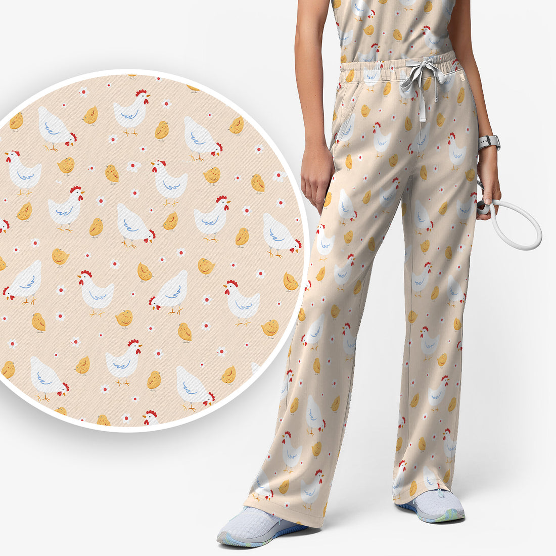 Chicken And Cute Chicks Pattern Scrubs Sets, Scrub Pants and V Neck Top