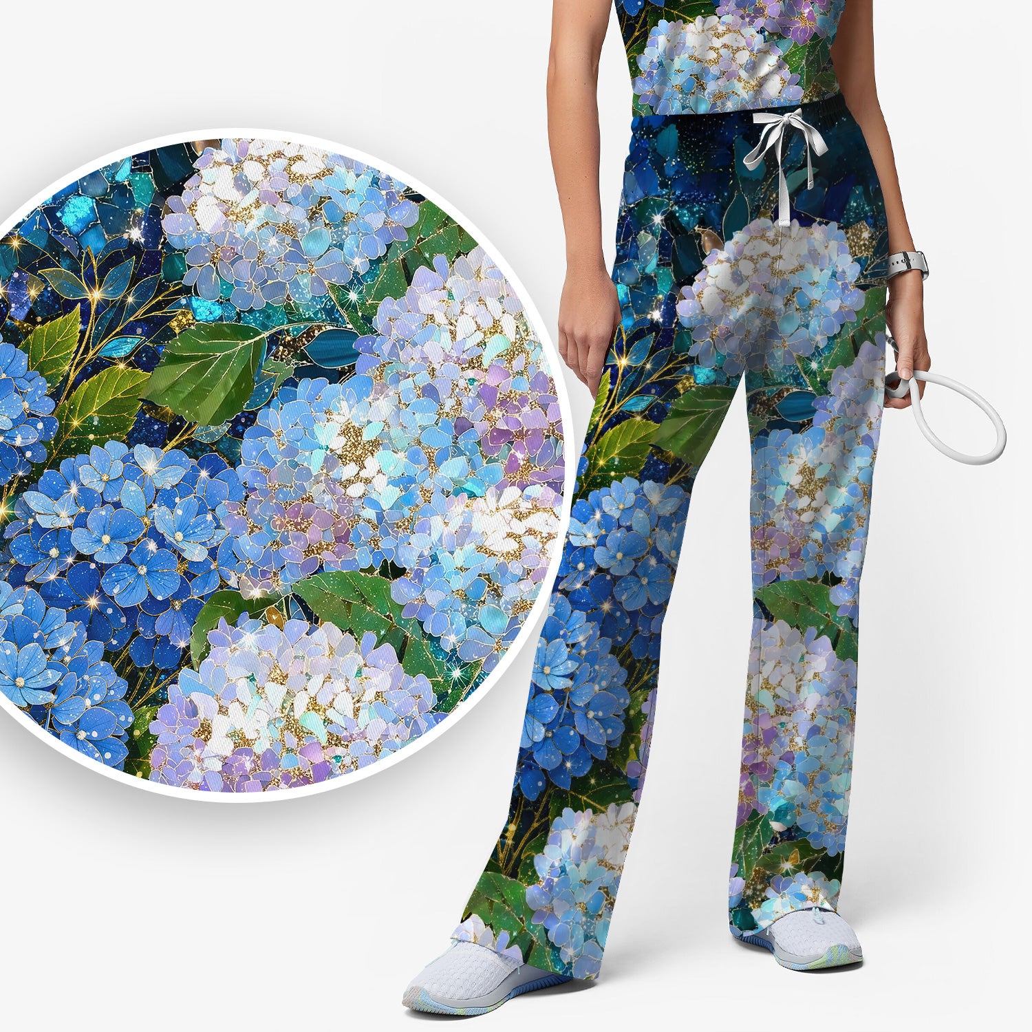 Blue Hydrangea Floral Pattern Scrub Set, Scrub Pants and V Neck Top