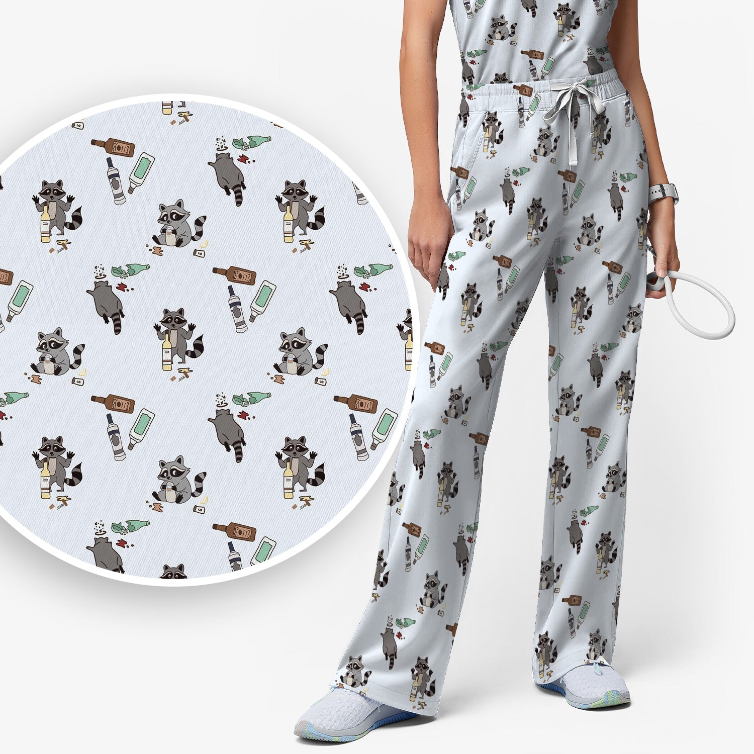 Messy Drunk Raccoon Pattern Scrub Set, Scrub Pants and V Neck Top