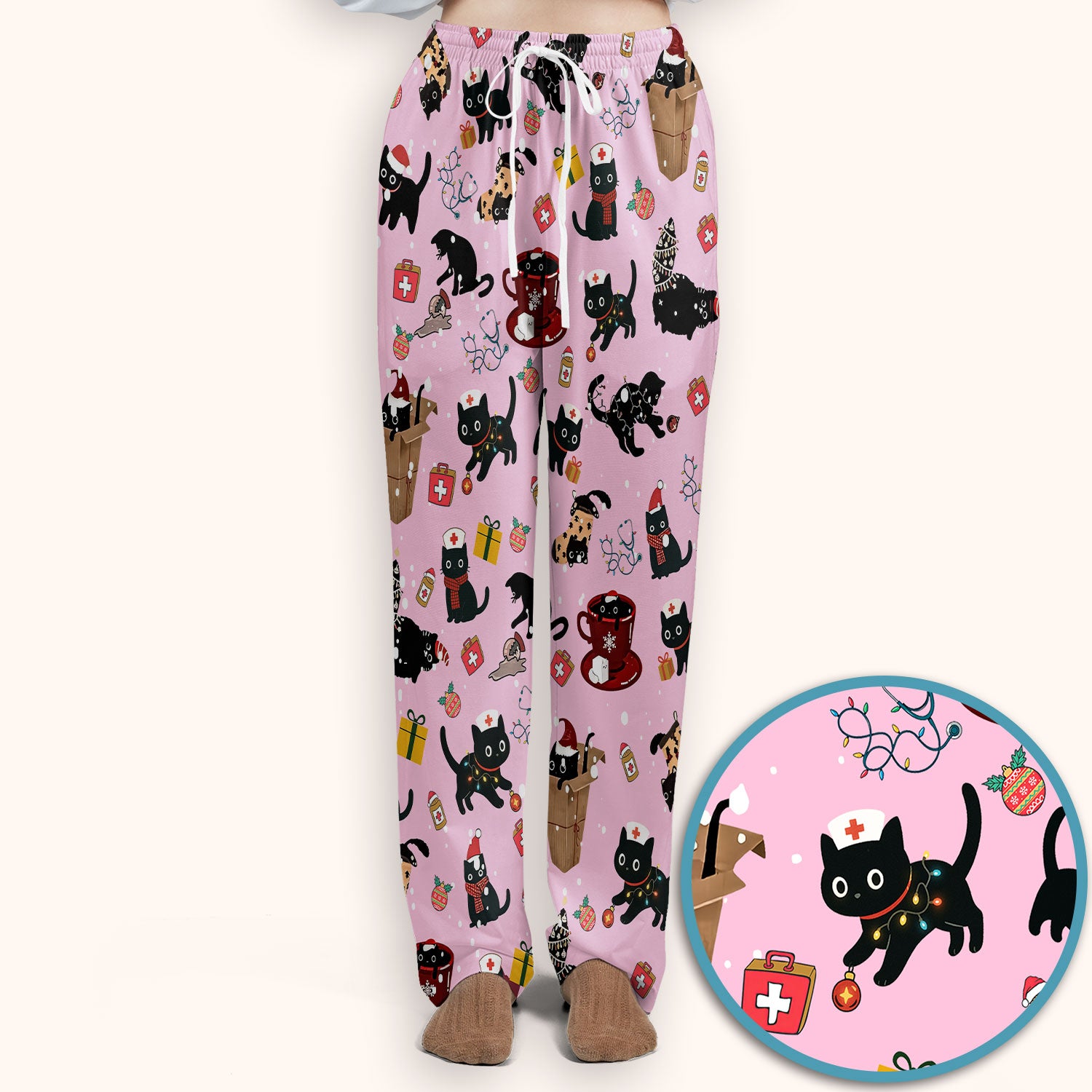 Funny Cat Scrub Sets for Women - Christmas Black Cats Pants and V Neck Top - Breathable Fabrics Nursing Uniform