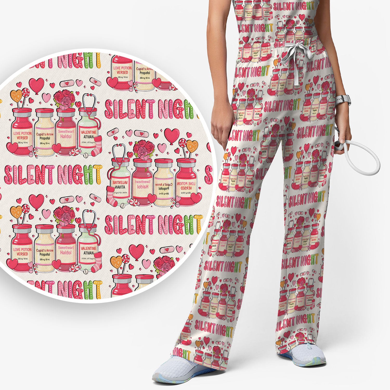 Valentine Silent Night Love Design Scrubs Set, Breathable Med Uniform