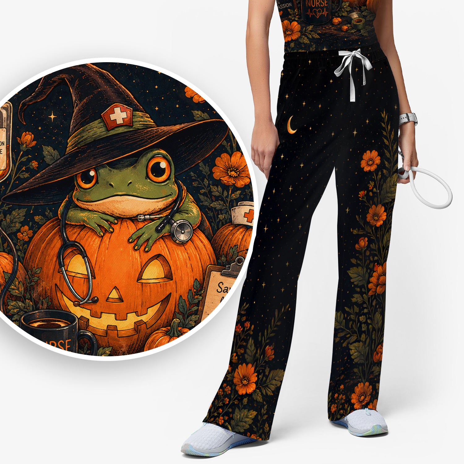 Halloween Witch Frog Pumpkin Scrub Set, Scrub Pants and V Neck Top