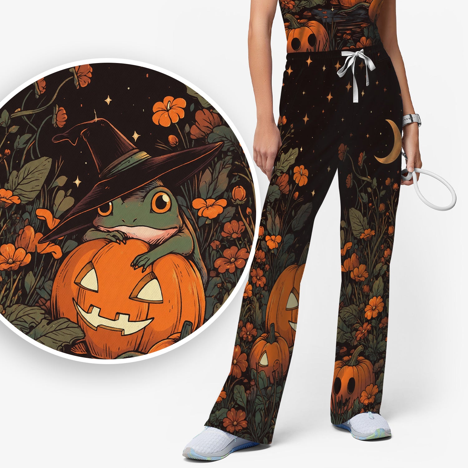 Cute Halloween Frog Nurse for Pediatric Nurses, RN, CNA, Pumpkin Medical Scrub Set, Scrub Pants and V Neck Top