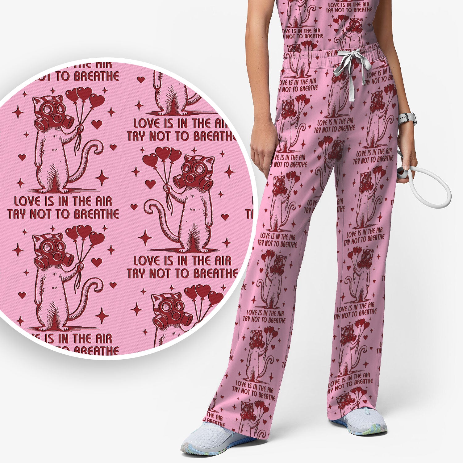 Gas Mask Cat Heart Balloon Valentine Print Scrub Set, Breathable Med Uniform
