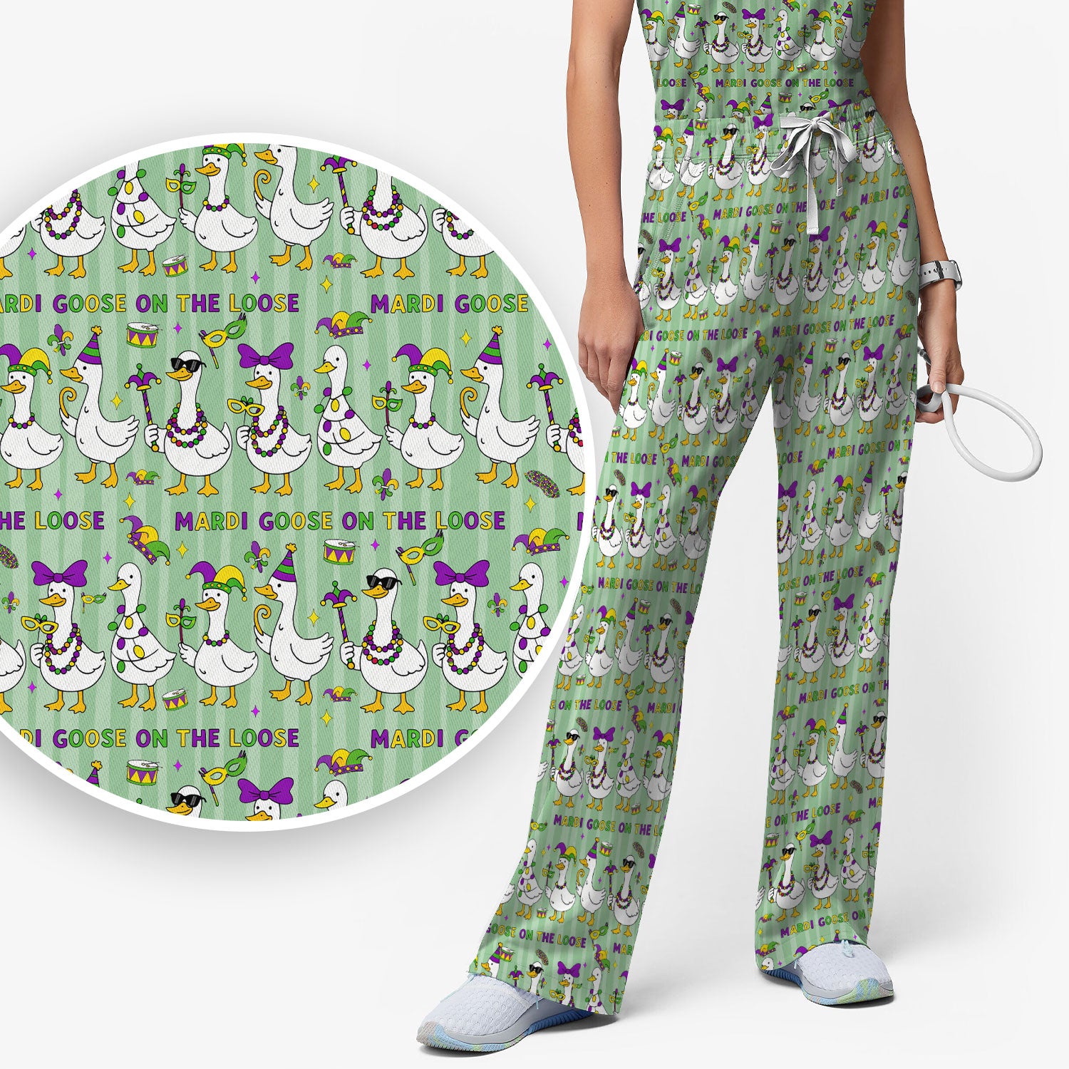 Mardi Gras Goose Nurse Scrub Set, Funny Carnival Medical Pattern Nurse Shirt, Breathable Fabrics Nursing Uniform