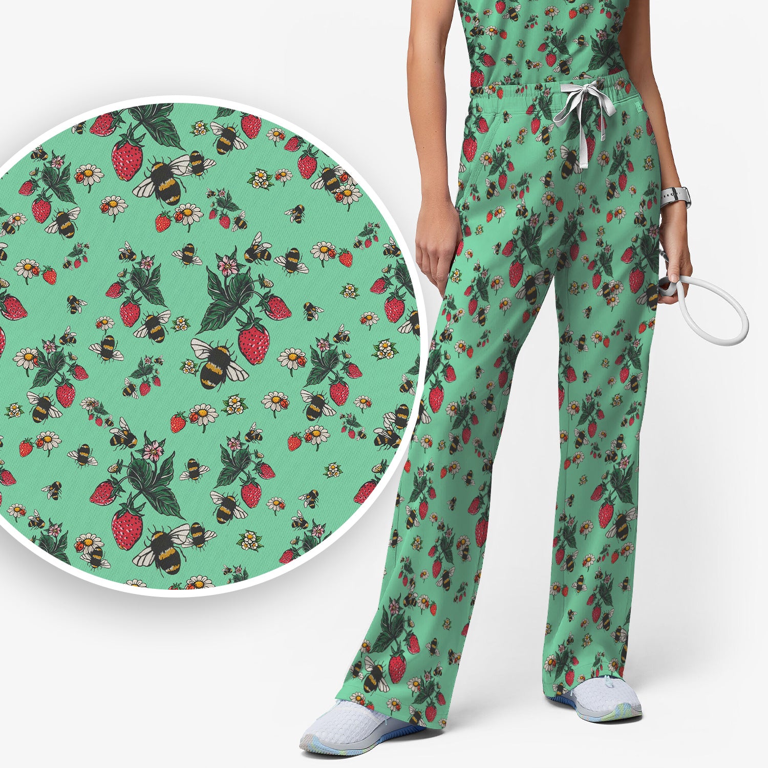 Cute Strawberry Bee Daisy Floral Pattern Scrub Set, Scrub Pants and V Neck Top