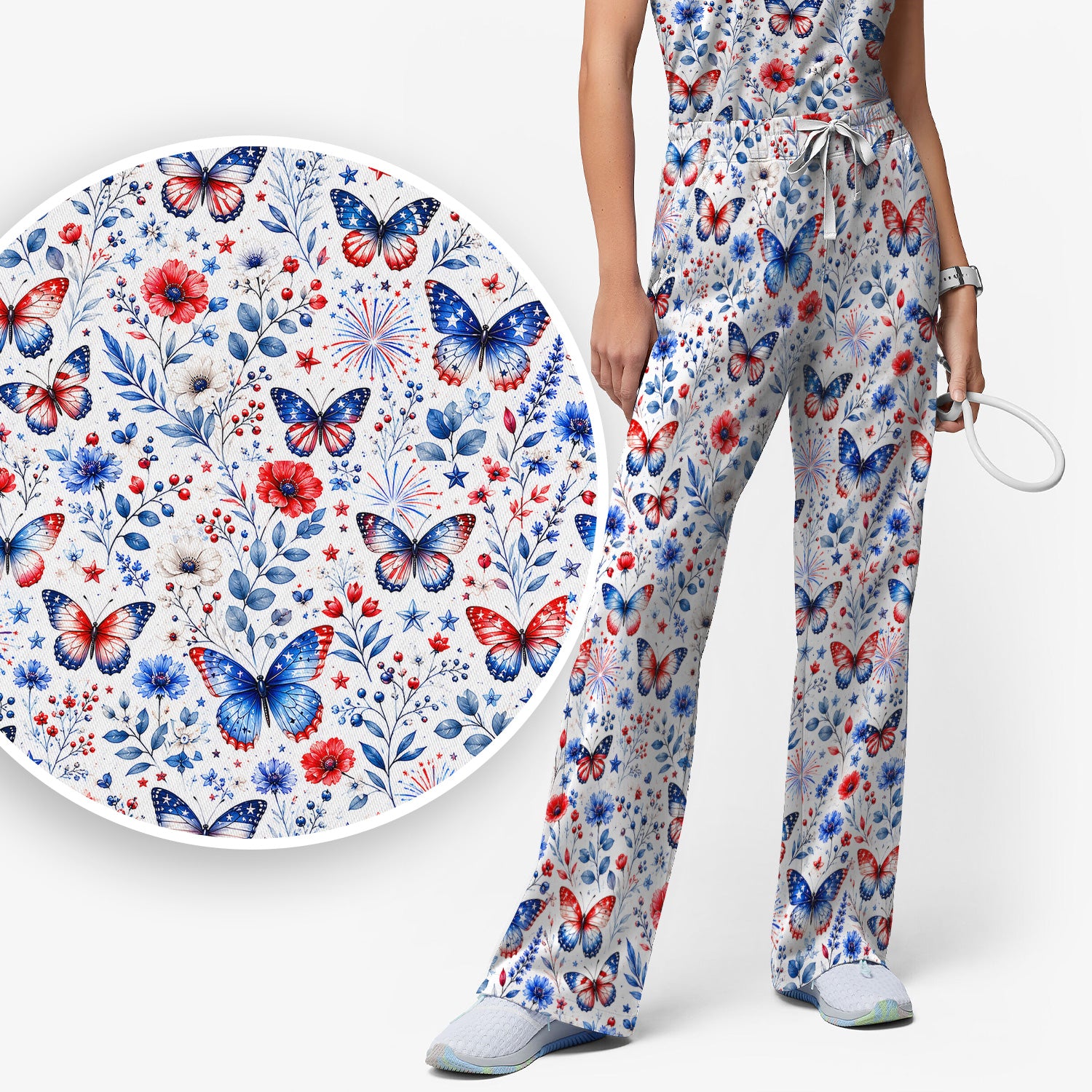 Patriotic Butterfly Fireworks Floral Pattern Scrub Set, Scrub Pants and V Neck Top