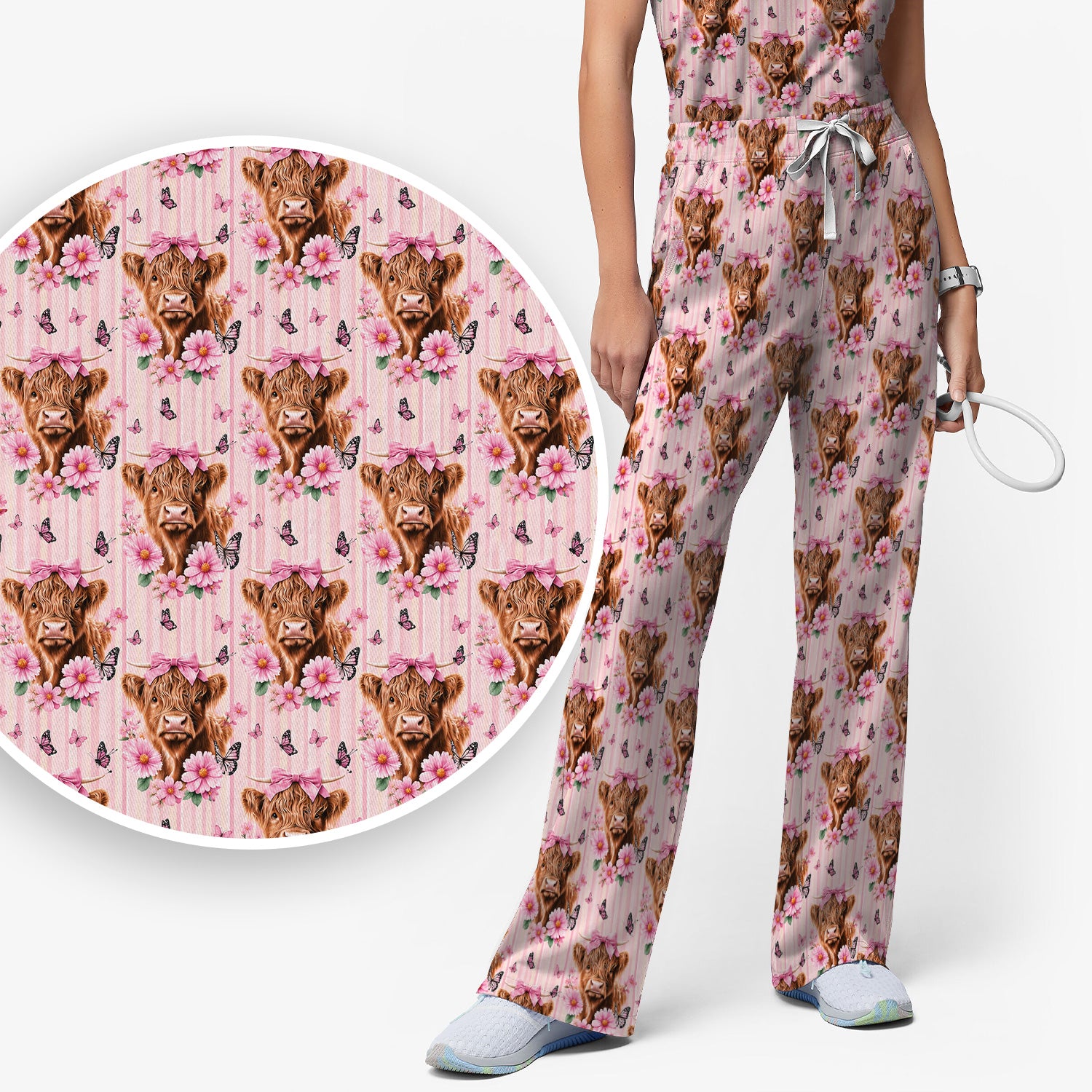 Pink Highland Cow Floral Scrub Set, Scrub Pants and V Neck Top