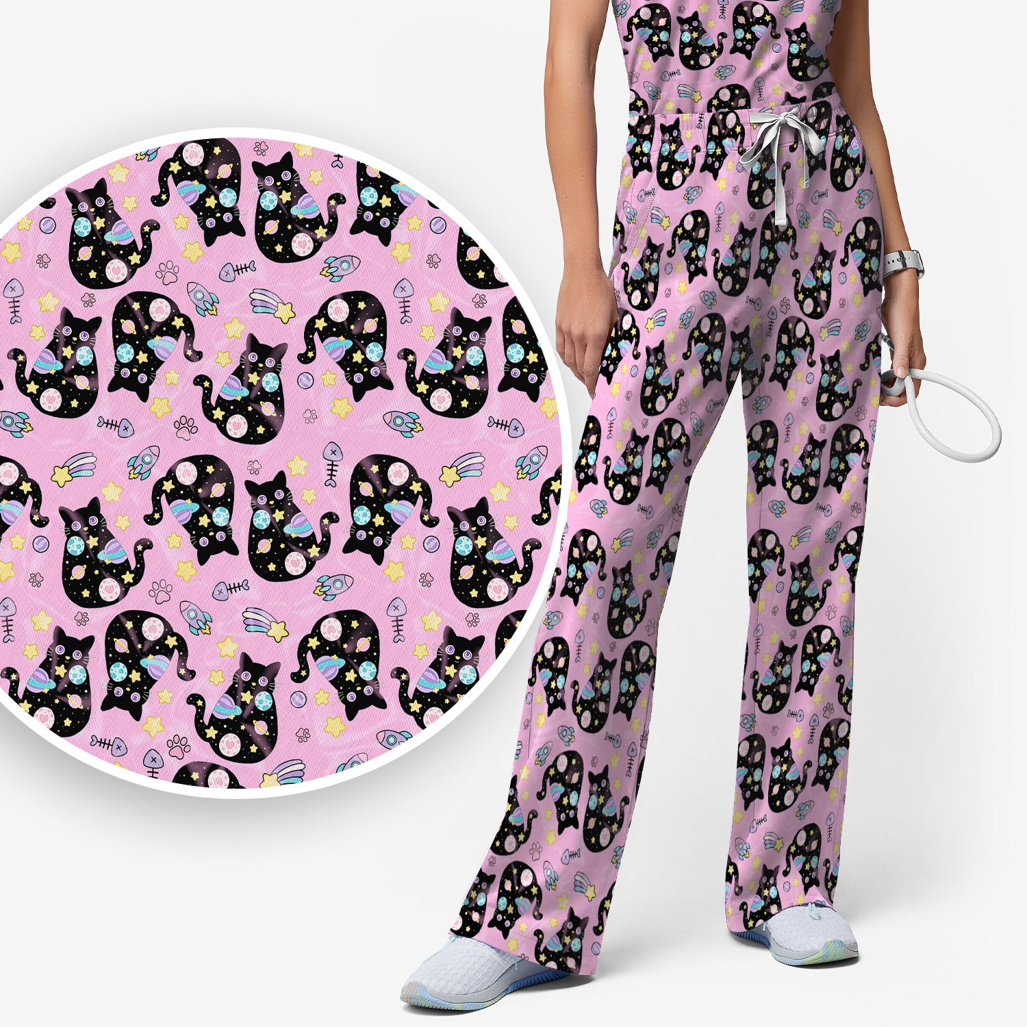 Galaxy Black Cat Space Pattern Scrub Top, Breathable Fabrics Nursing Uniform