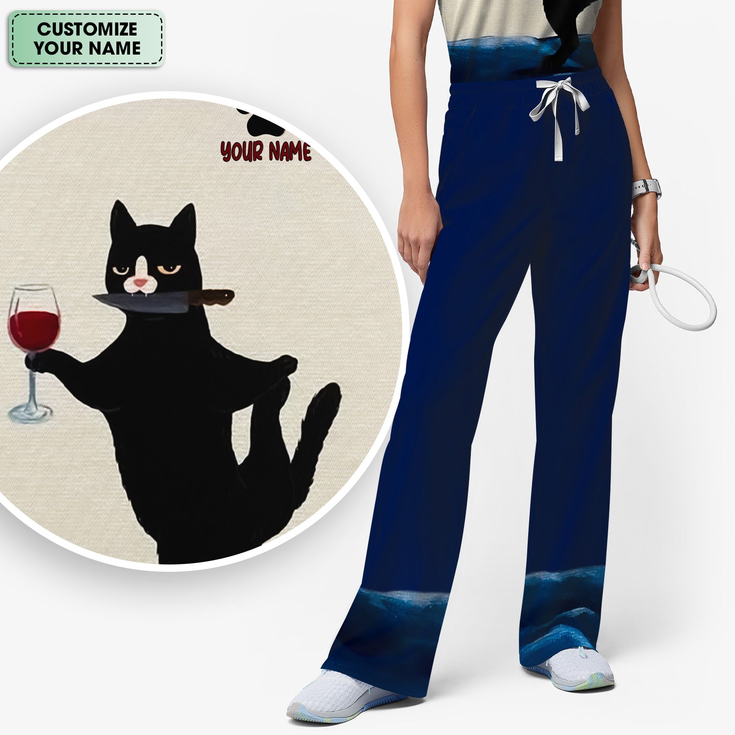 Personalized Funny Cat Holding Wine Glass Knife Pose Pattern Scrub Set, Scrub Pants and V Neck Top