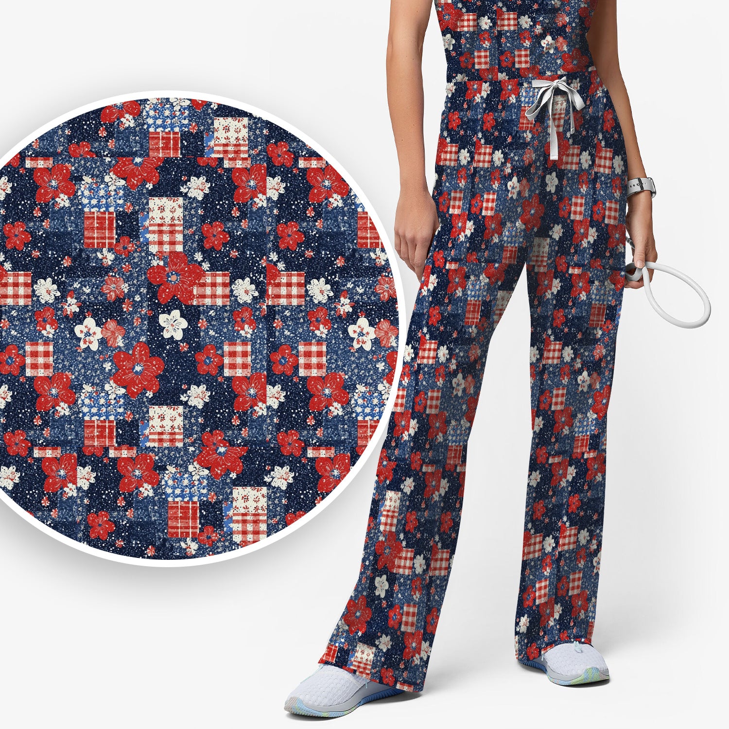 Patriotic Gingham Floral Patchwork Pattern Scrub Set, Scrub Pants and V Neck Top