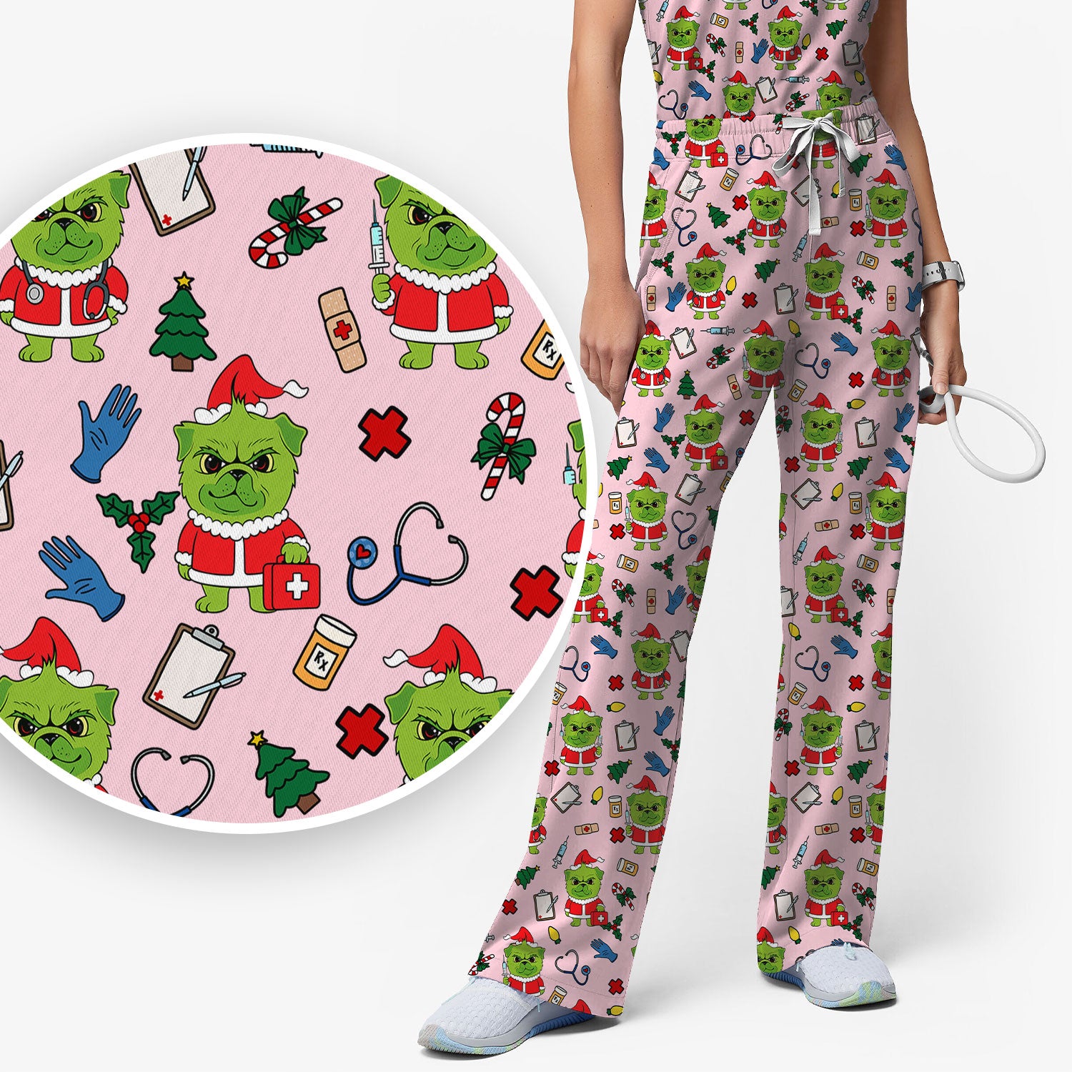 Funny Nurse Christmas Scrubs Set - Grumpy Dog Pattern with Medical Tools - Festive Holiday Scrub Top and Pants for Women