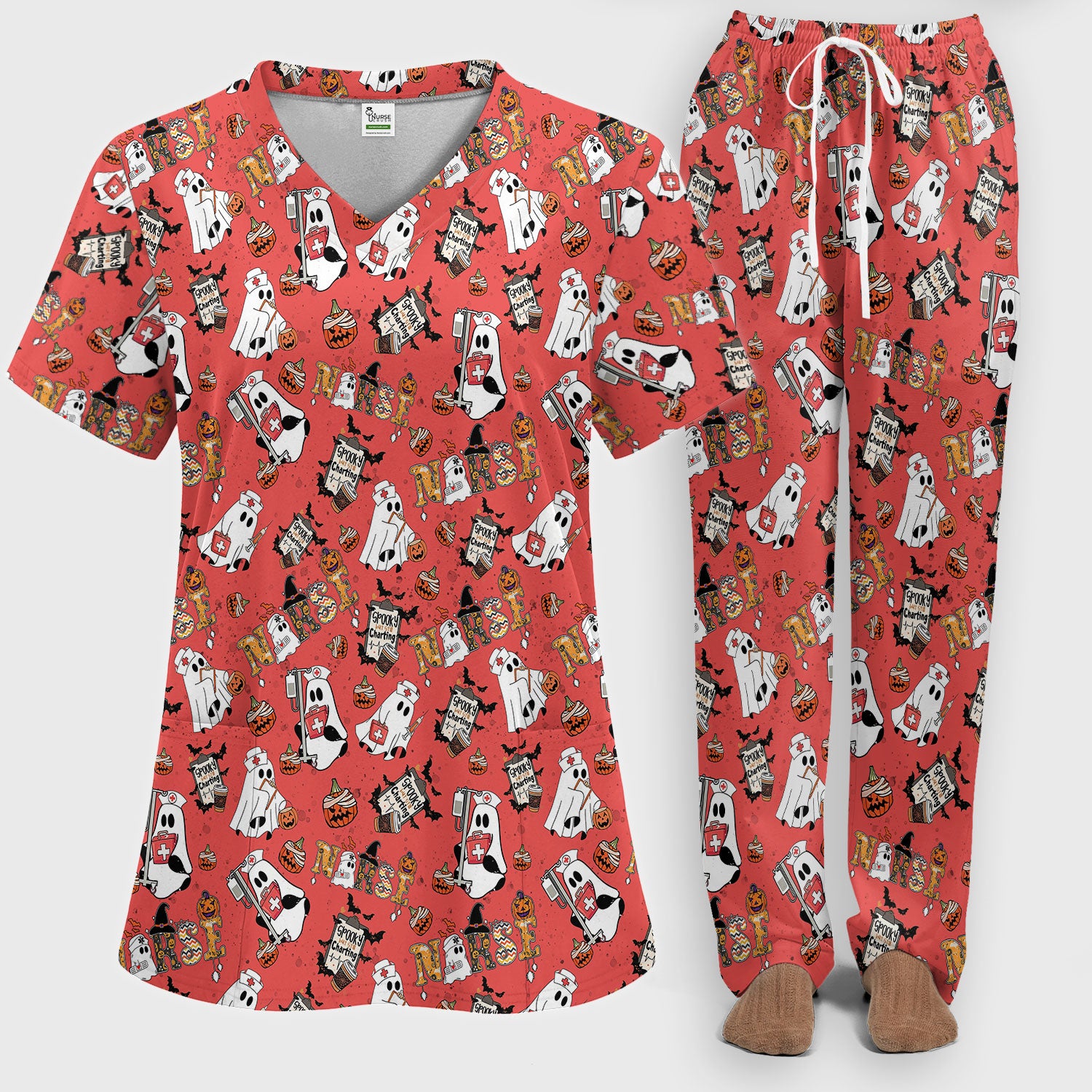 Halloween Women's Scrub Sets - Spooky But Still Charting Boo Nurse - Funny Scrub Pants and V Neck Top - Breathable Med Uniform