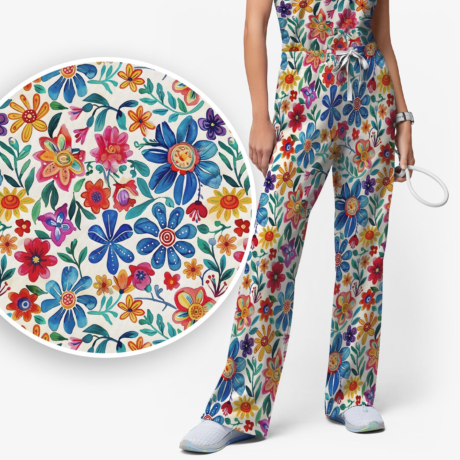 Colorful Folk Floral Print Scrub Set, Scrub Pants and V Neck Top