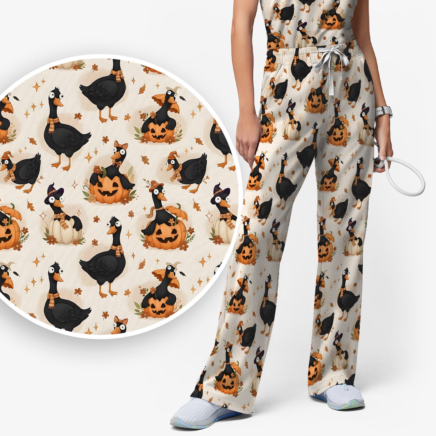 Pumpkin Black Goose Print Scrub Set, Scrub Pants and V Neck Top