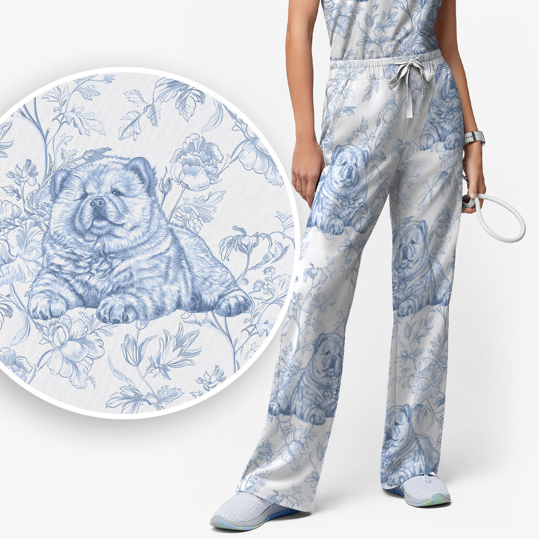 Custom Dog Cat Style Chinoiserie Pattern Scrubs Sets, Scrub Pants and V Neck Top