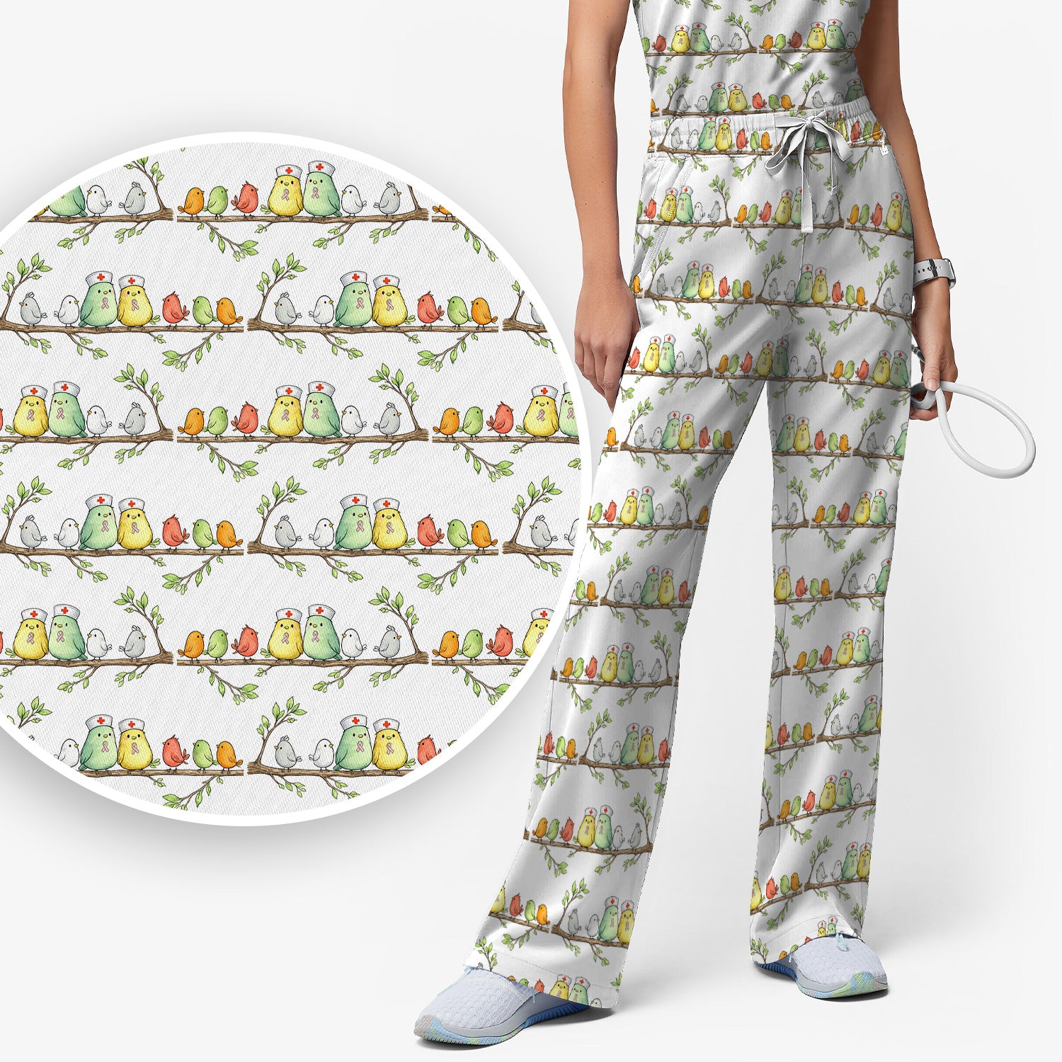 Cute Pink Ribbon Birds Scrub Set, Scrub Pants and V Neck Top