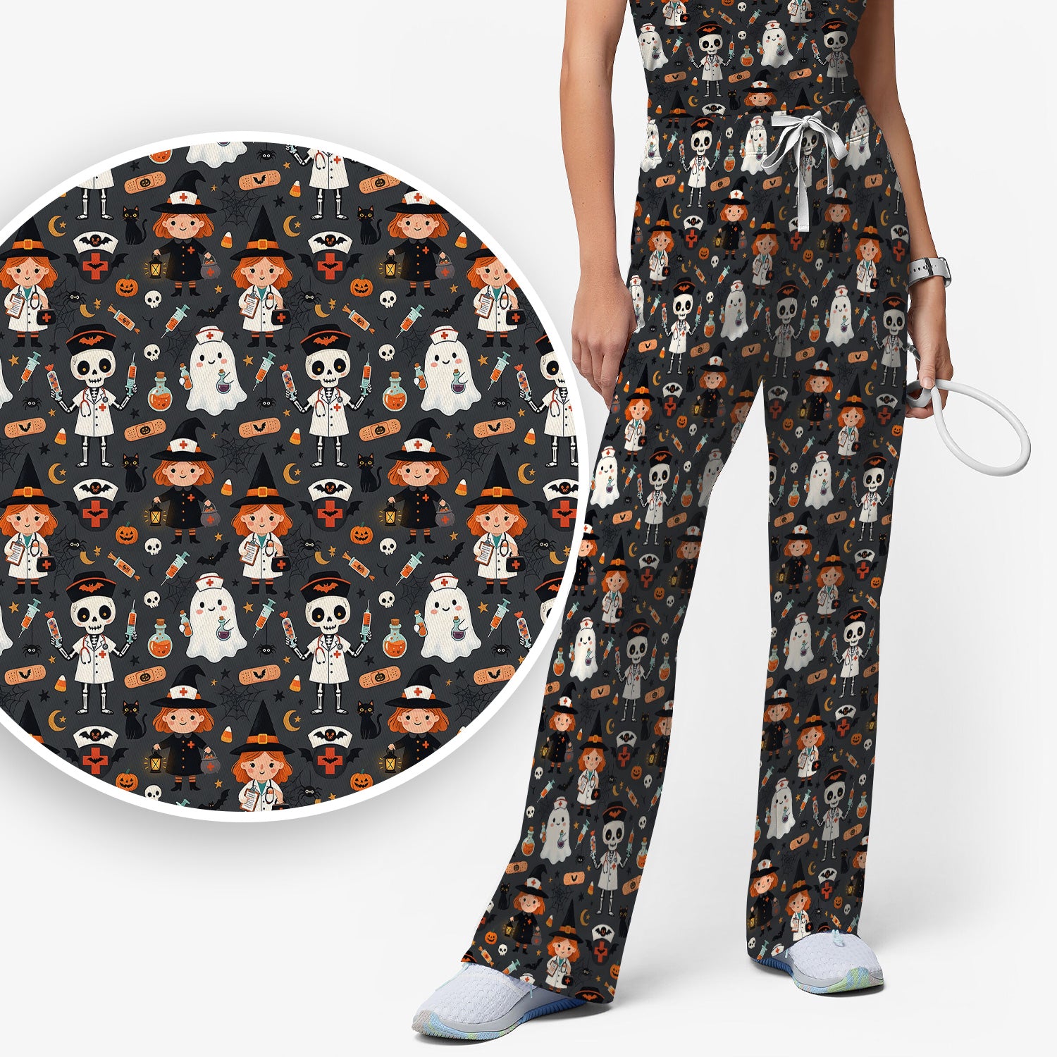Halloween Witch And Skeleton Nurse Scrub Set, Scrub Pants and V Neck Top