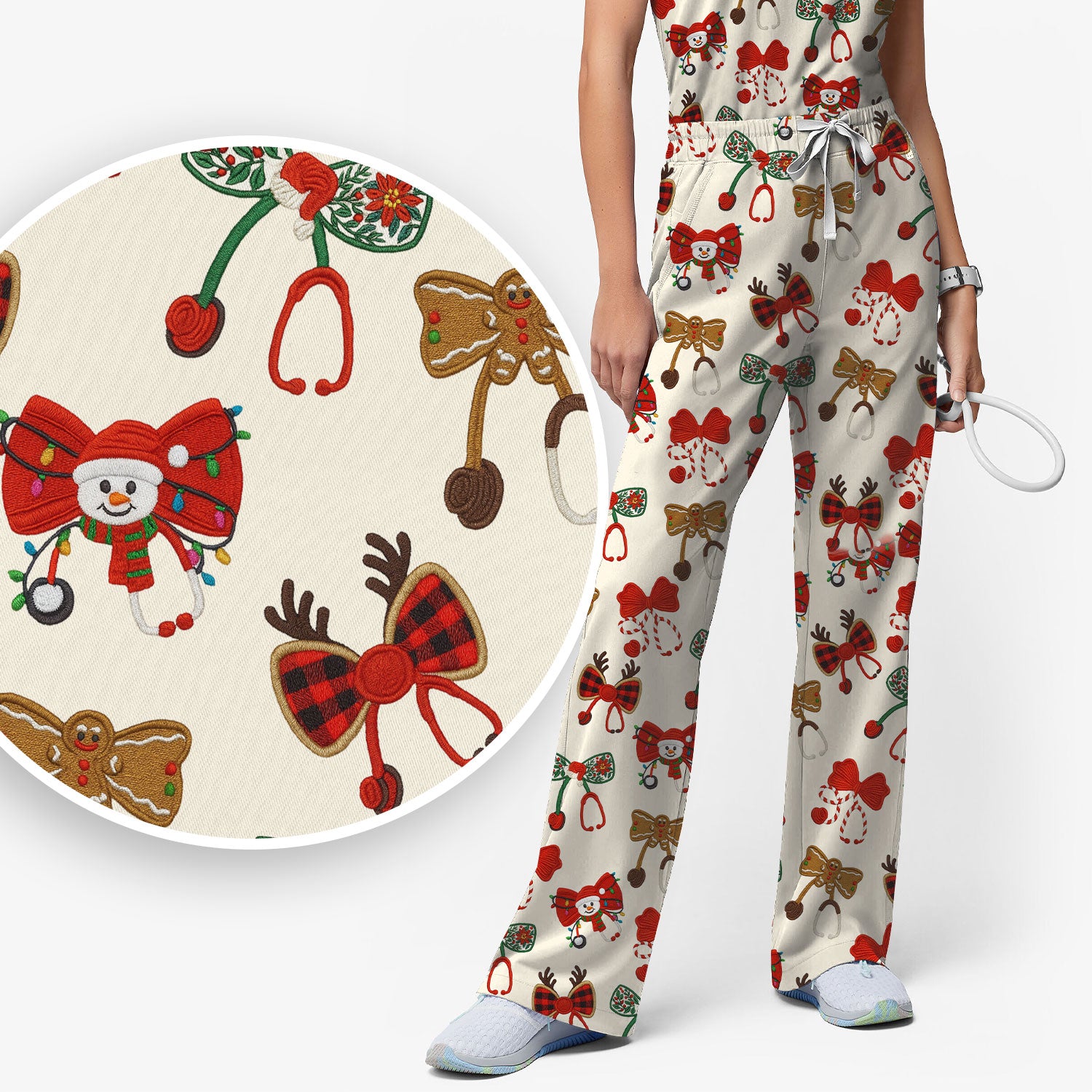 Christmas Stethoscope Bow Nurse Scrub Set, Xmas Pattern Scrub Shirt, Holiday Nursing Uniform