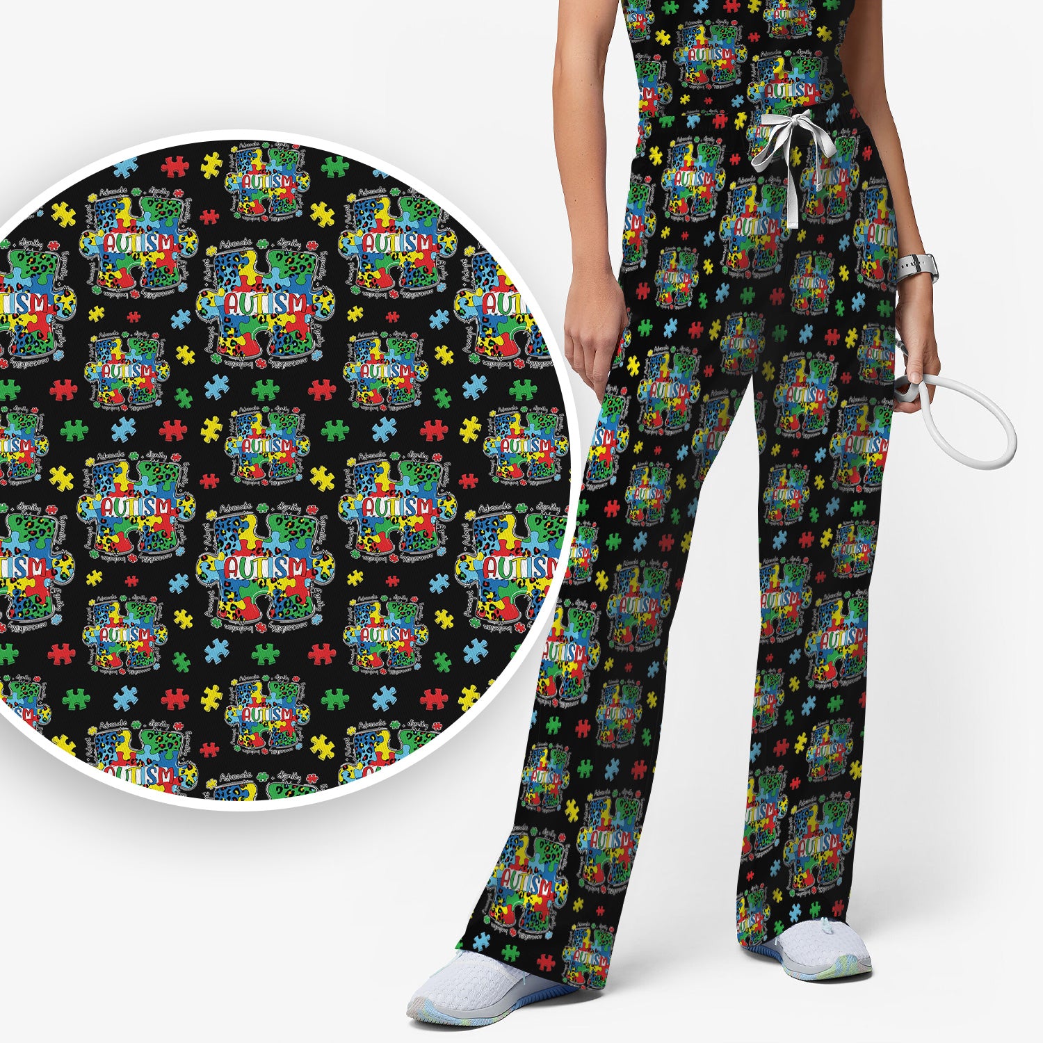 Autism Awareness Puzzle Pattern Scrub Set, Scrub Pants and V Neck Top