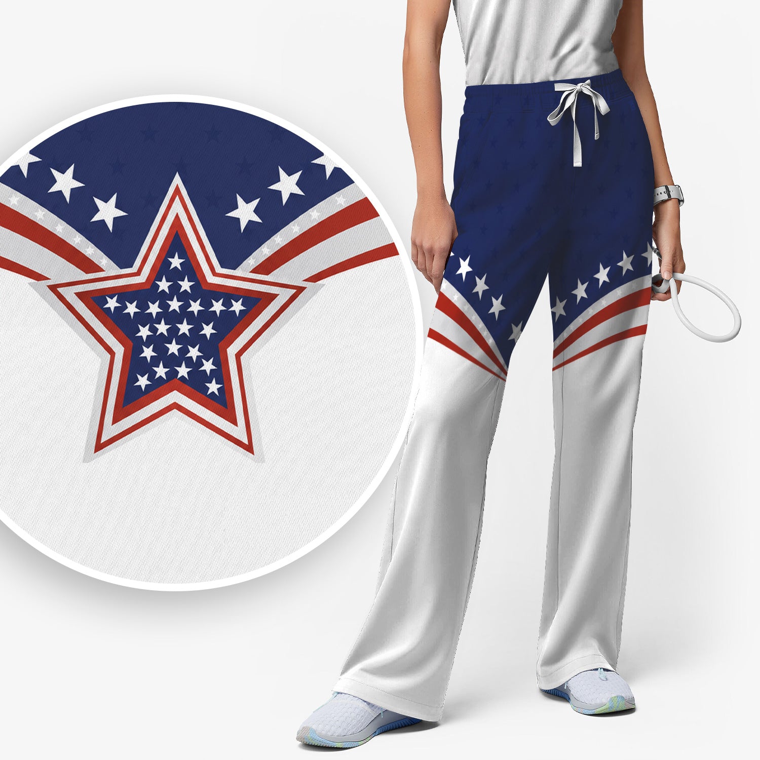 Patriotic American Flag Star Pattern Scrub Set, Scrub Pants and V Neck Top