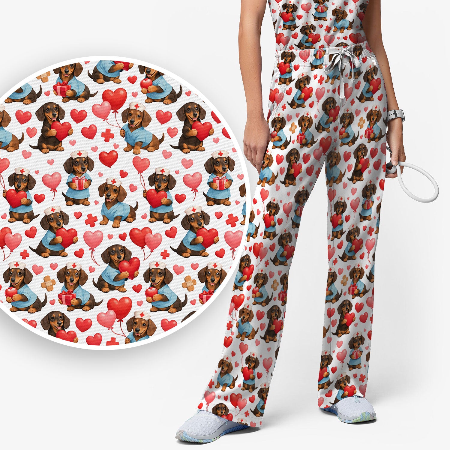 Dachshund Valentine Nurse Scrub Set, Cute  Wiener Dog Medical Pattern Shirt, Breathable Fabrics Nursing Uniform