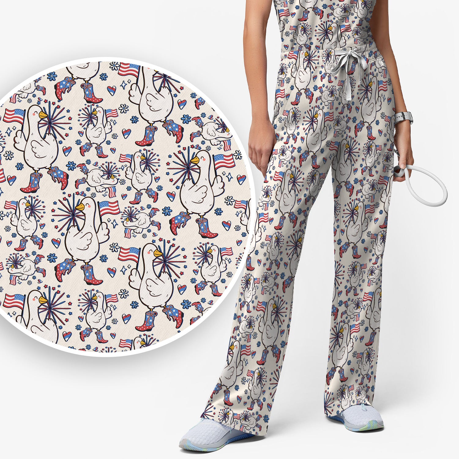 Patriotic Goose With USA Flag Fireworks Scrub Set, Breathable Fabrics Nursing Uniform