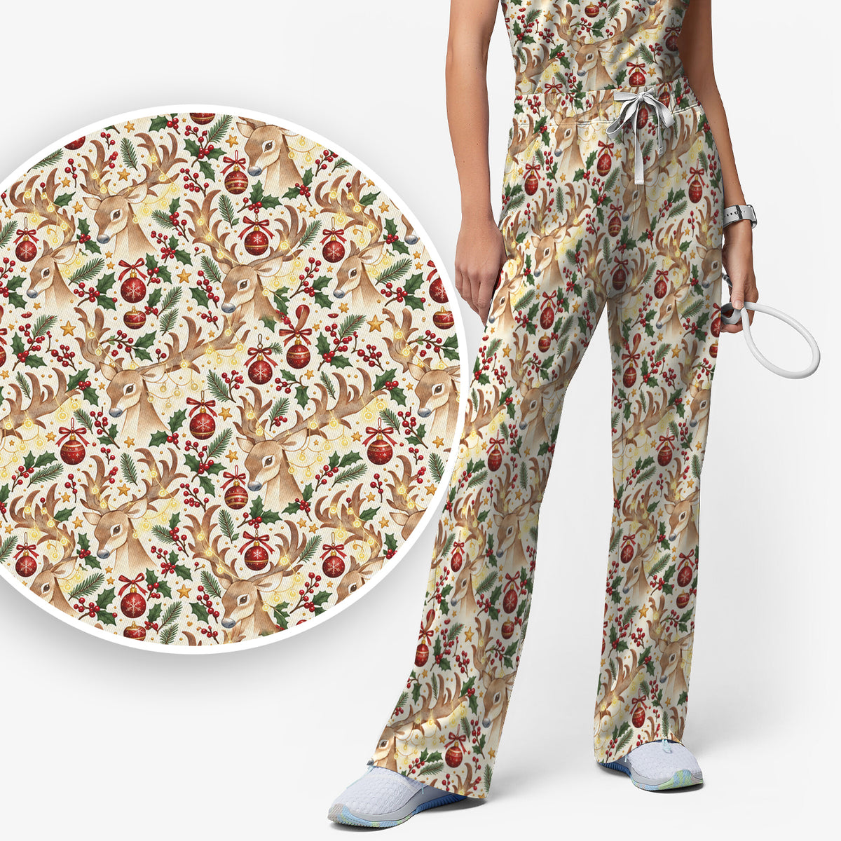 Christmas Reindeer And Holly Scrub Set, Scrub Pants and V Neck Top