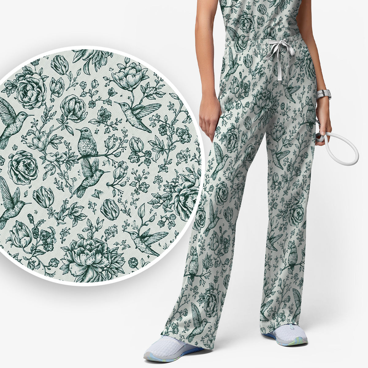 Vintage Hummingbird Pattern Scrub Set, Scrub Pants and V Neck Top