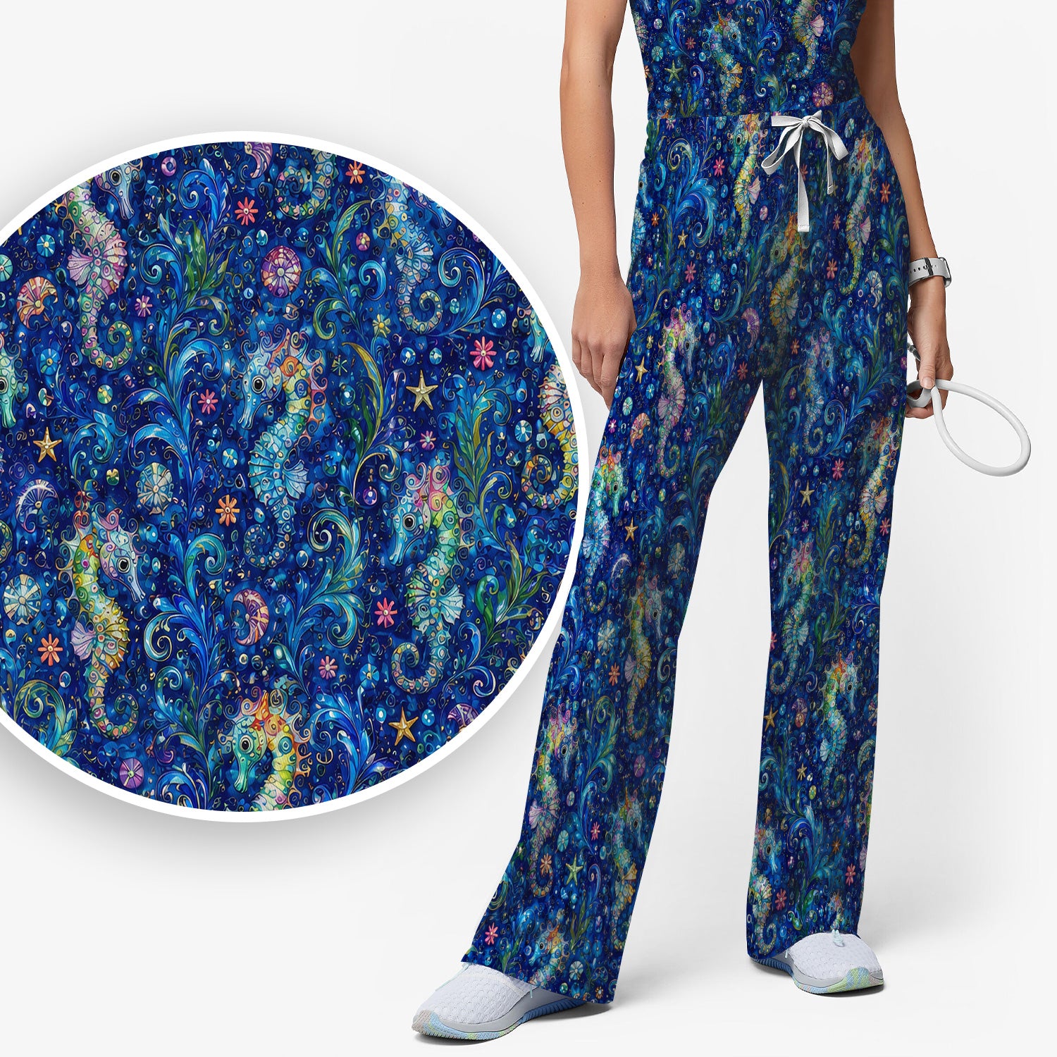 Vibrant Seahorse Ocean Swirl Pattern Scrub Set, Scrub Pants and V Neck Top