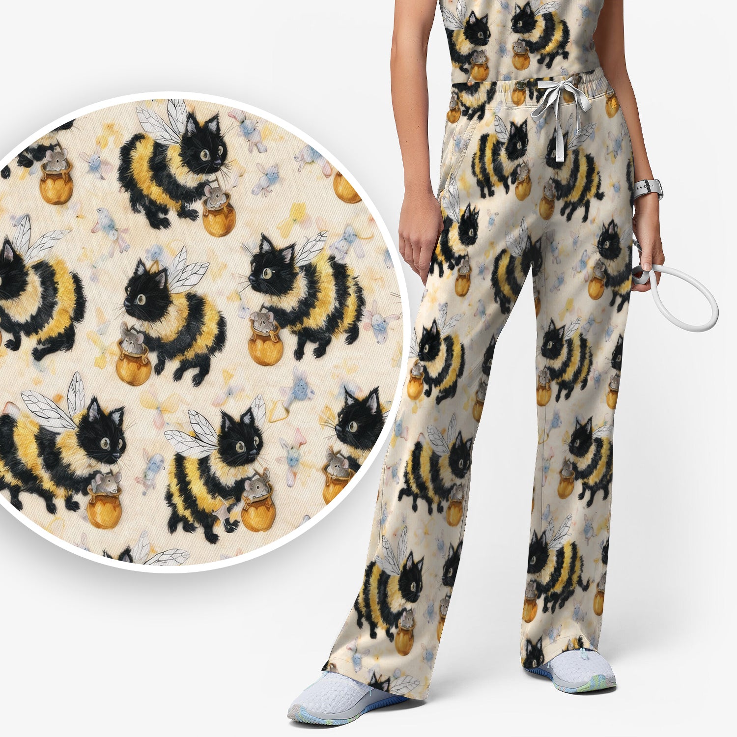 Adorable Nurse Bumblebee Cat Honey Jar Winged Pattern Scrub Set, Scrub Pants and V Neck Top