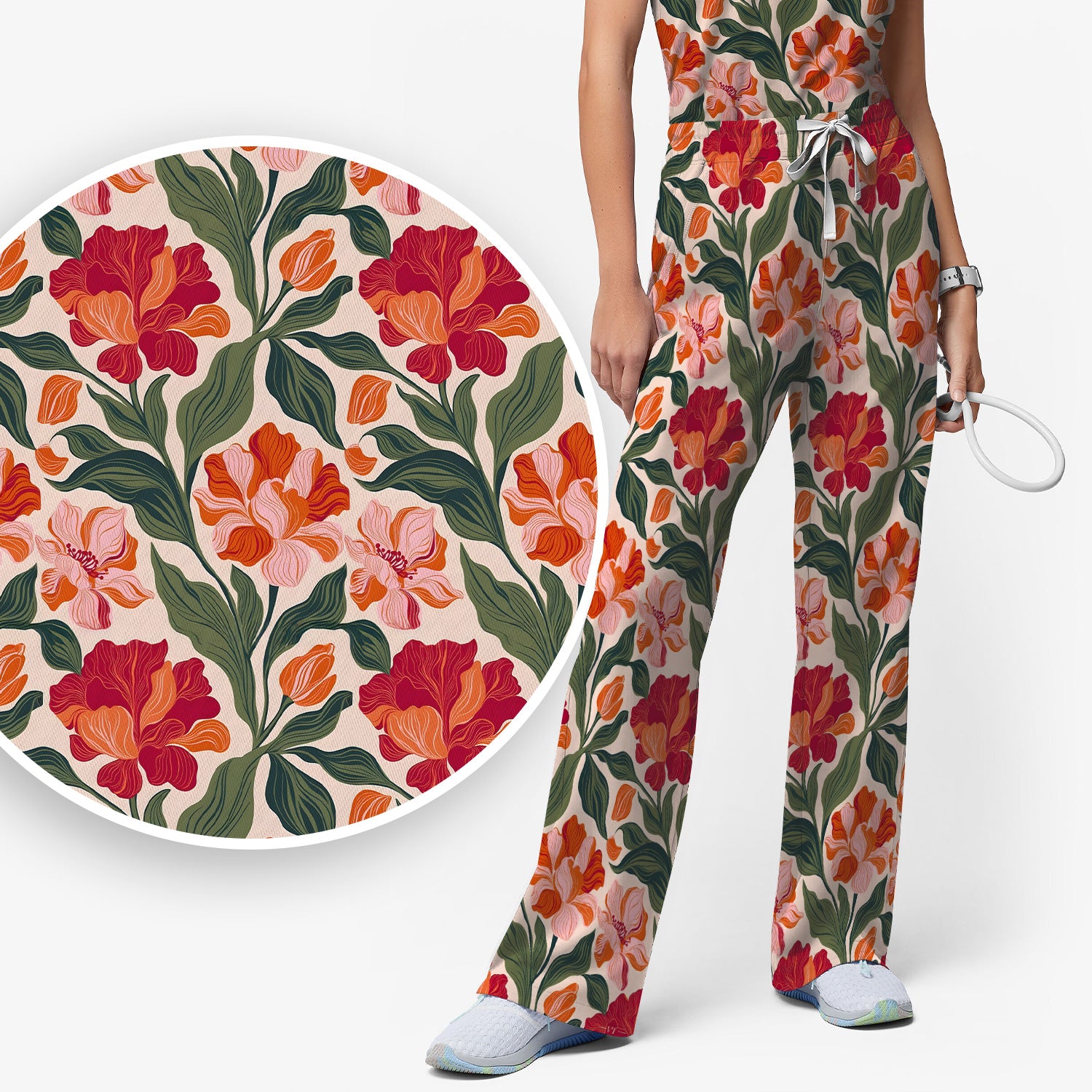 Pretty Tropical Floral Print Scrub Set, Scrub Pants and V Neck Top