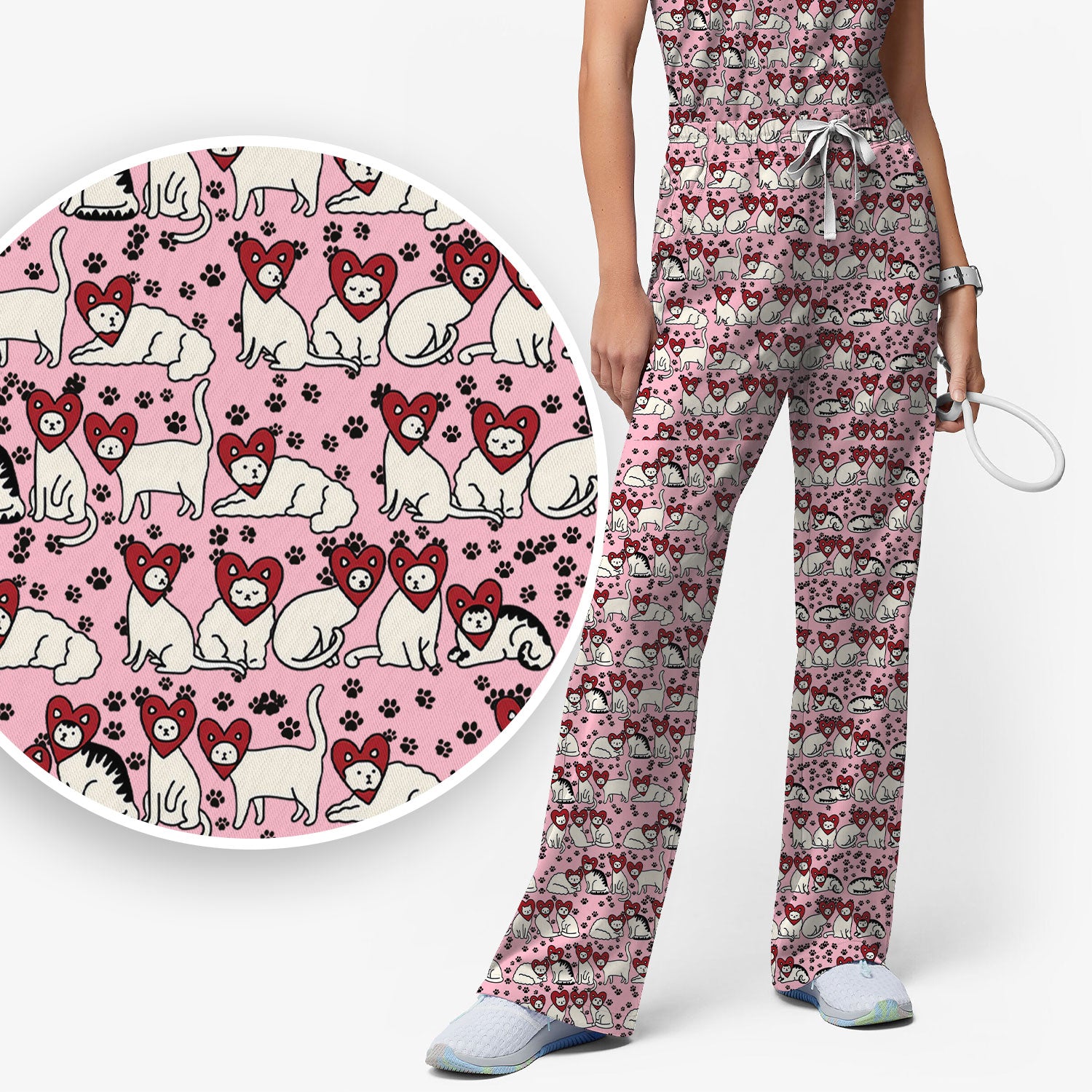 Cute Cat Heart Pattern Scrub Set, Funny Cat Scrub Shirt For Nurses, Breathable Fabrics Nursing Uniform