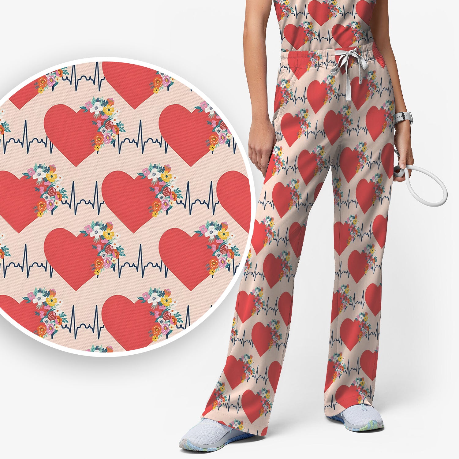 Nurse Heartbeat Floral Pattern Scrub Set, Scrub Pants and V Neck Top