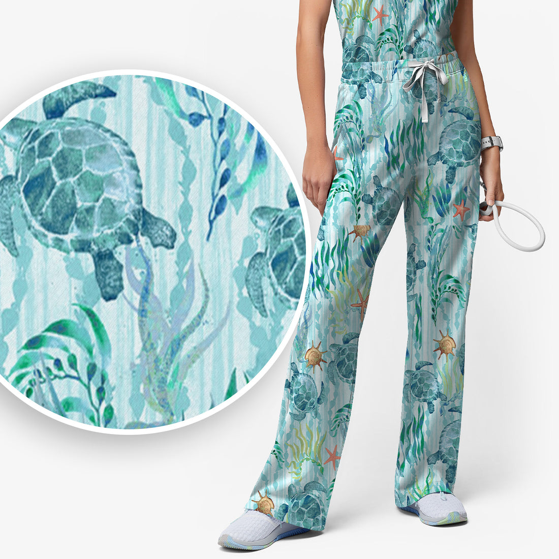 Sea Turtle Ocean Watercolor Print Scrub Set, Scrub Pants and V Neck Top