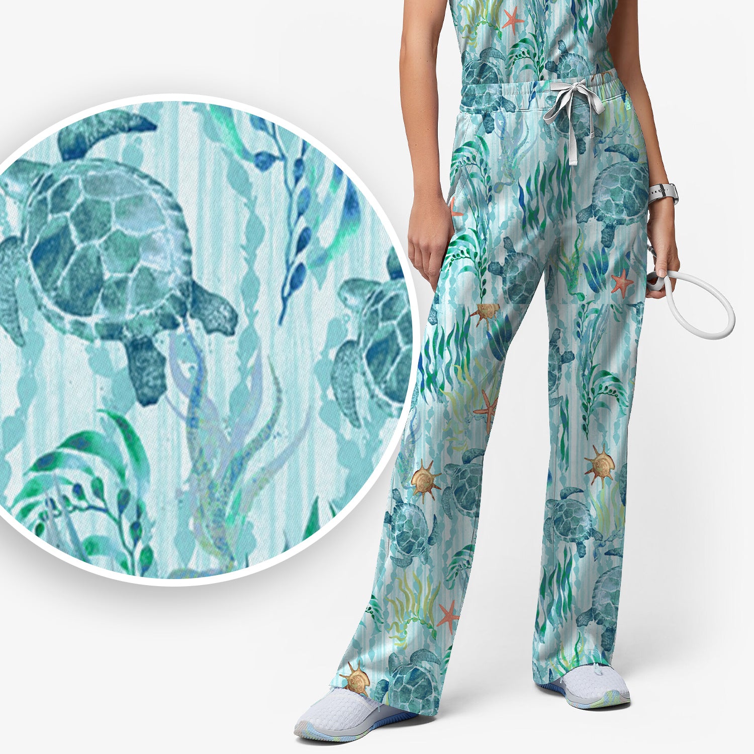 Sea Turtle Ocean Watercolor Print Scrub Set, Scrub Pants and V Neck Top