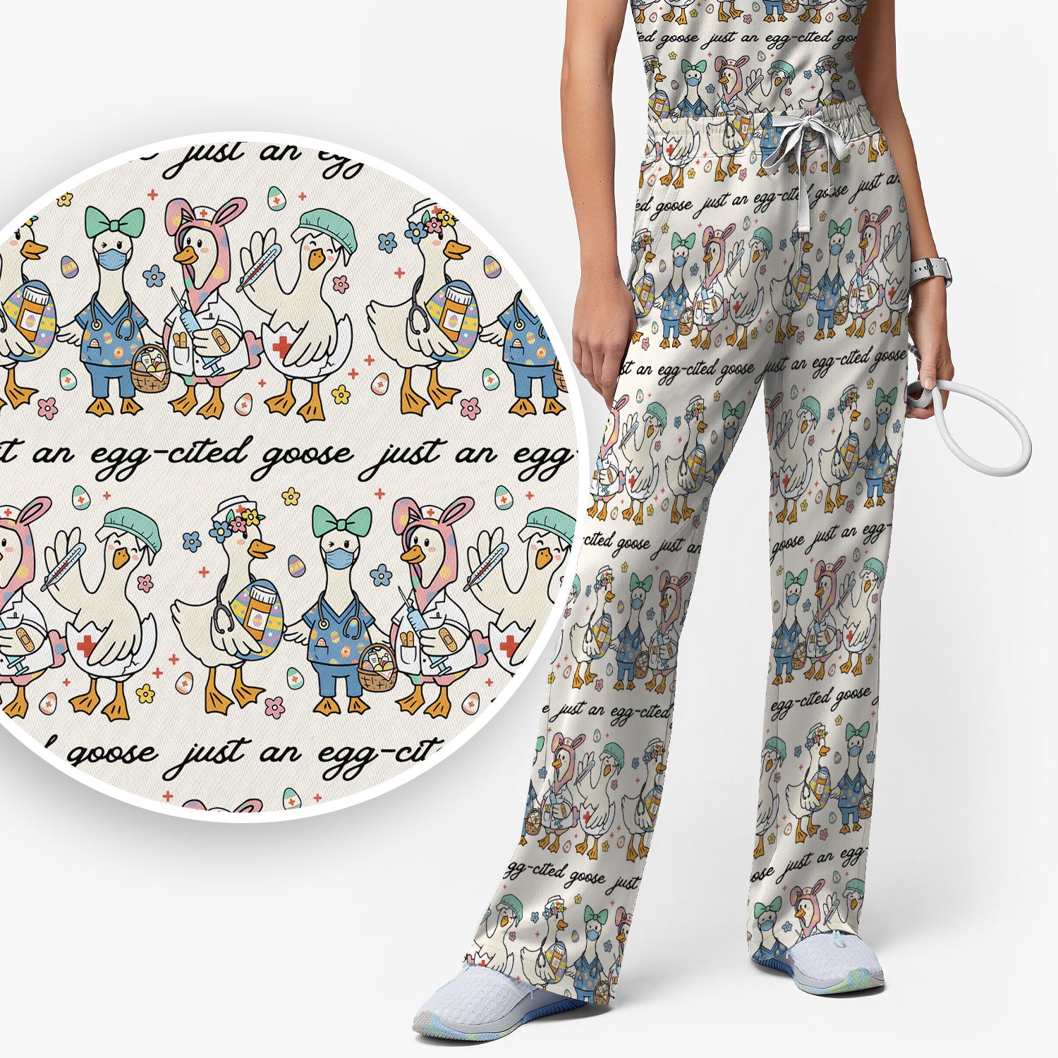 Funny Easter Nurse Goose Pattern Scrub Set, Scrub Pants and V Neck Top