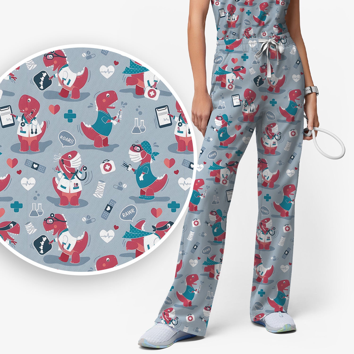 Cute Dinosaur Doctor Medical Pattern Scrub Set, Women's Scrub Sets