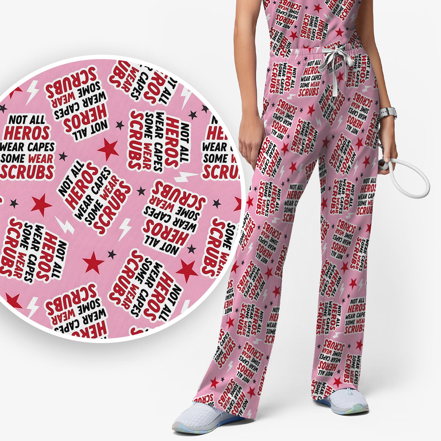 Not All Heroes Wear Scrubs Quote Stars Lightning Pattern Scrub Set, Scrub Pants and V Neck Top