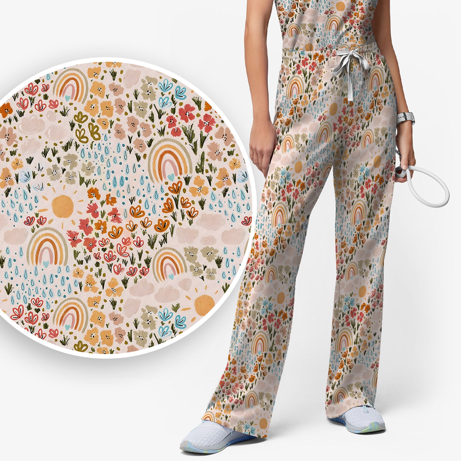 Cute Wildflower Meadow With Rainbow Sun And Raindrops Scrub Set, Scrub Pants and V Neck Top