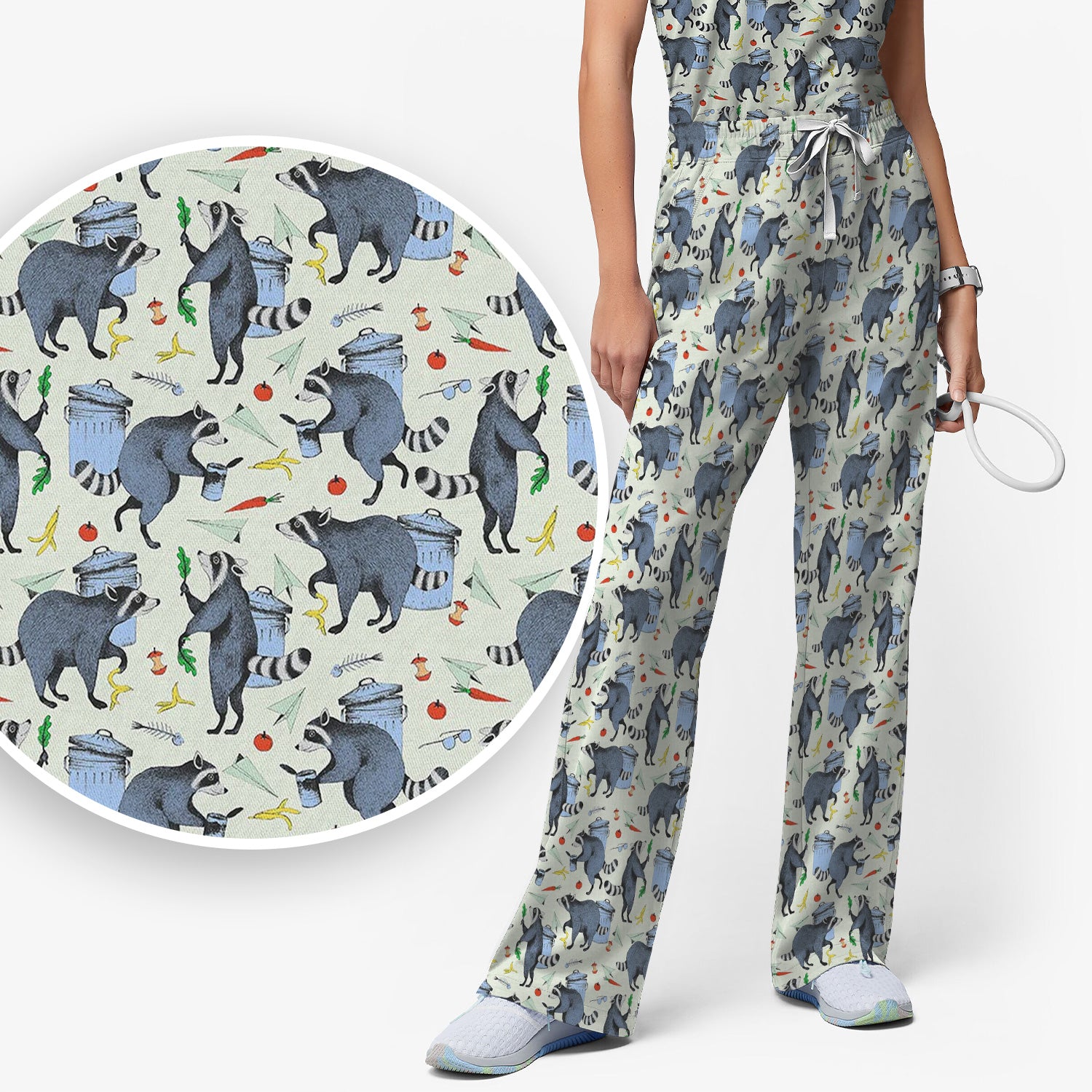 Playful Raccoon Trash Print Women's Scrub Set, Scrub Pants and V Neck Top