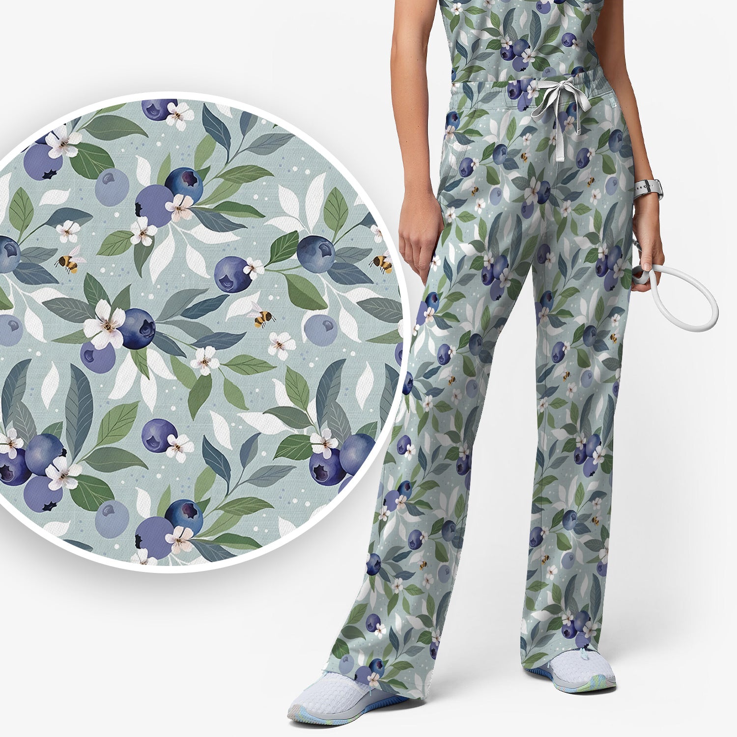 Fresh Blueberry Blossom Garden Pattern Nurse Scrub Set, Scrub Pants and V Neck Top