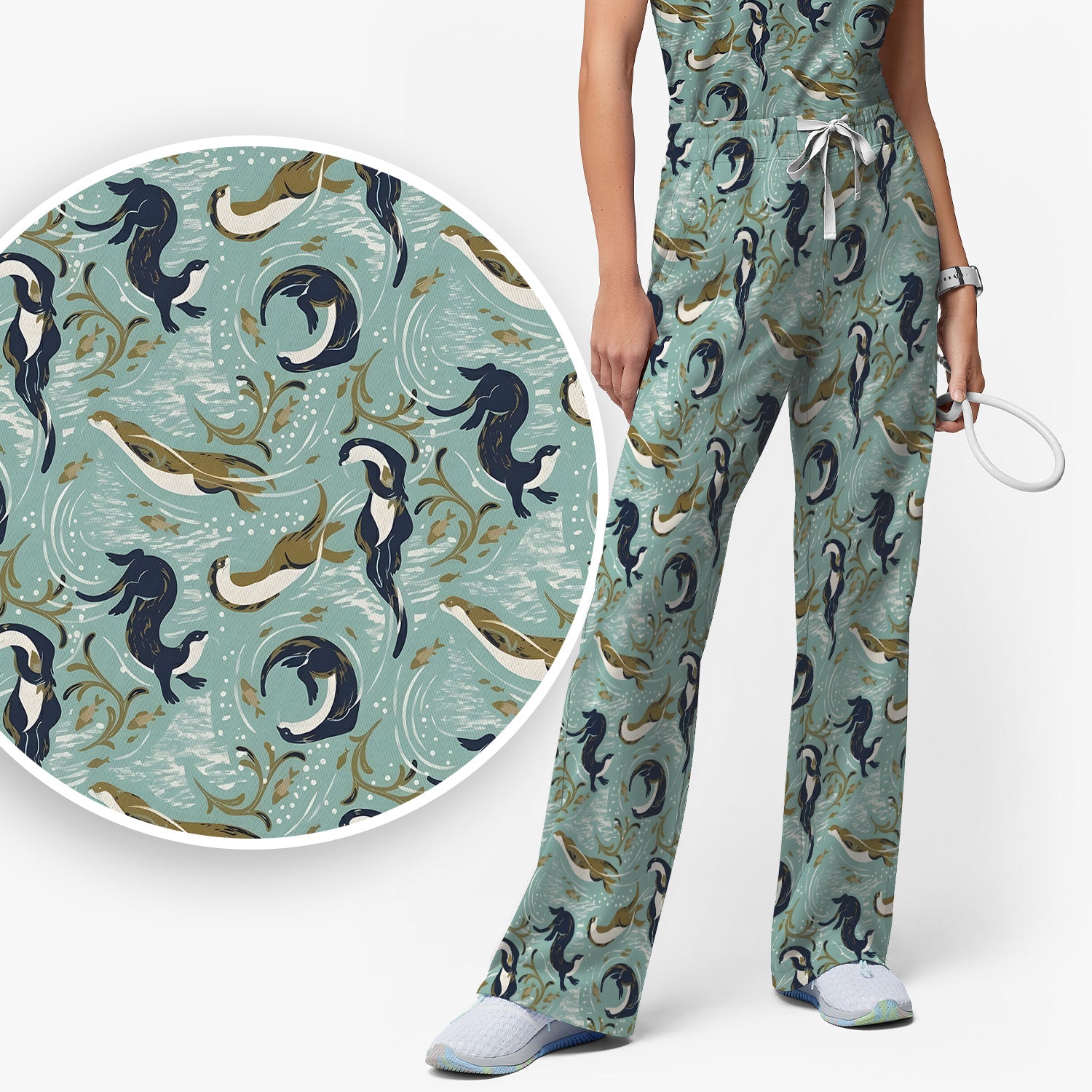 Sea Otter Ocean Wave Coastal Pattern Scrub Set, Scrub Pants and V Neck Top