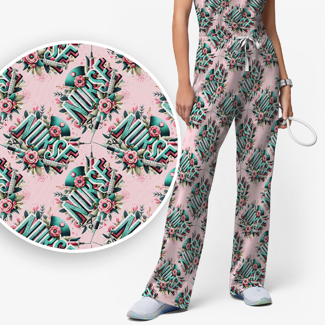 Cute Nurse Typography Floral Medical Pattern Scrub Set, Scrub Pants and V Neck Top