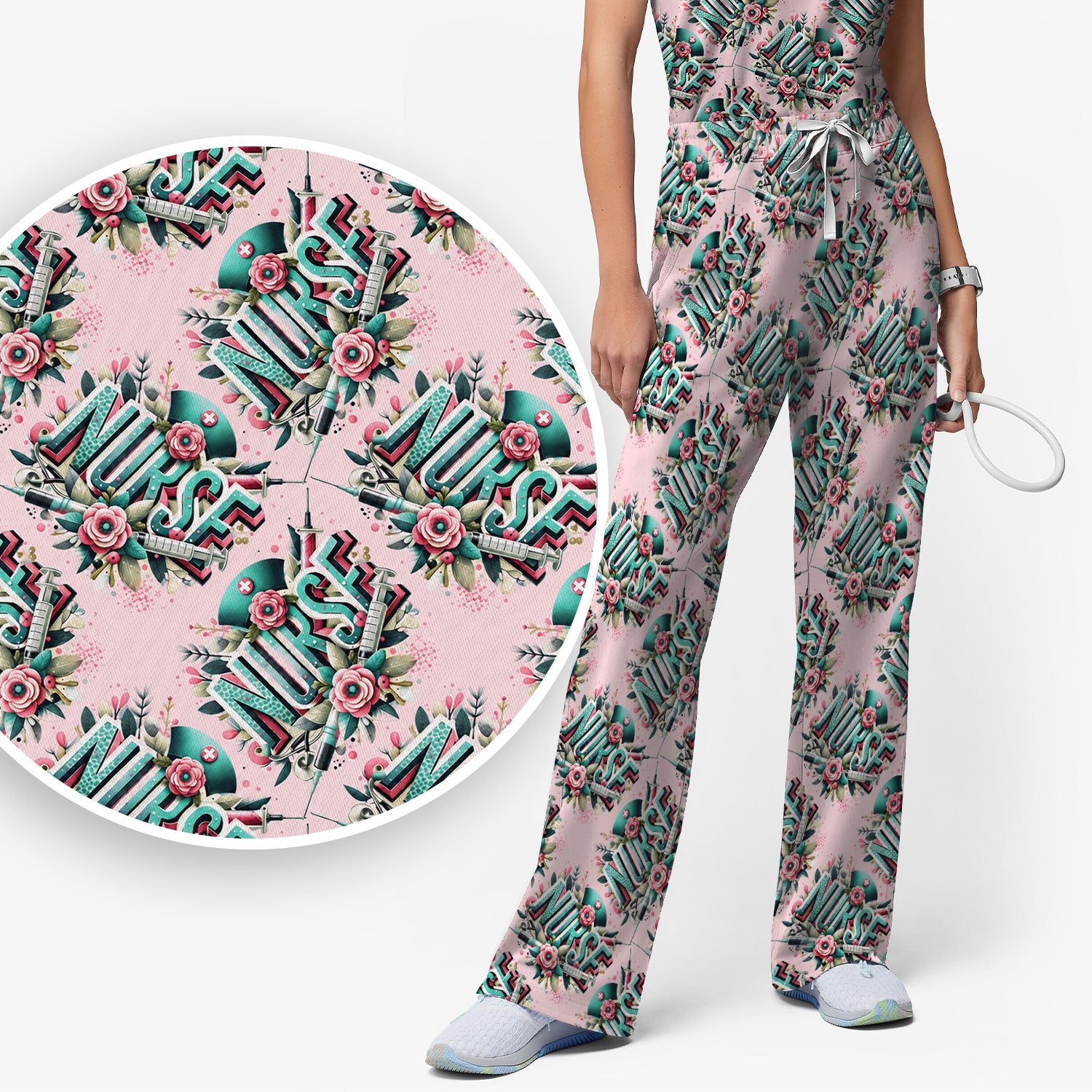 Cute Nurse Typography Floral Medical Pattern Scrub Set, Scrub Pants and V Neck Top