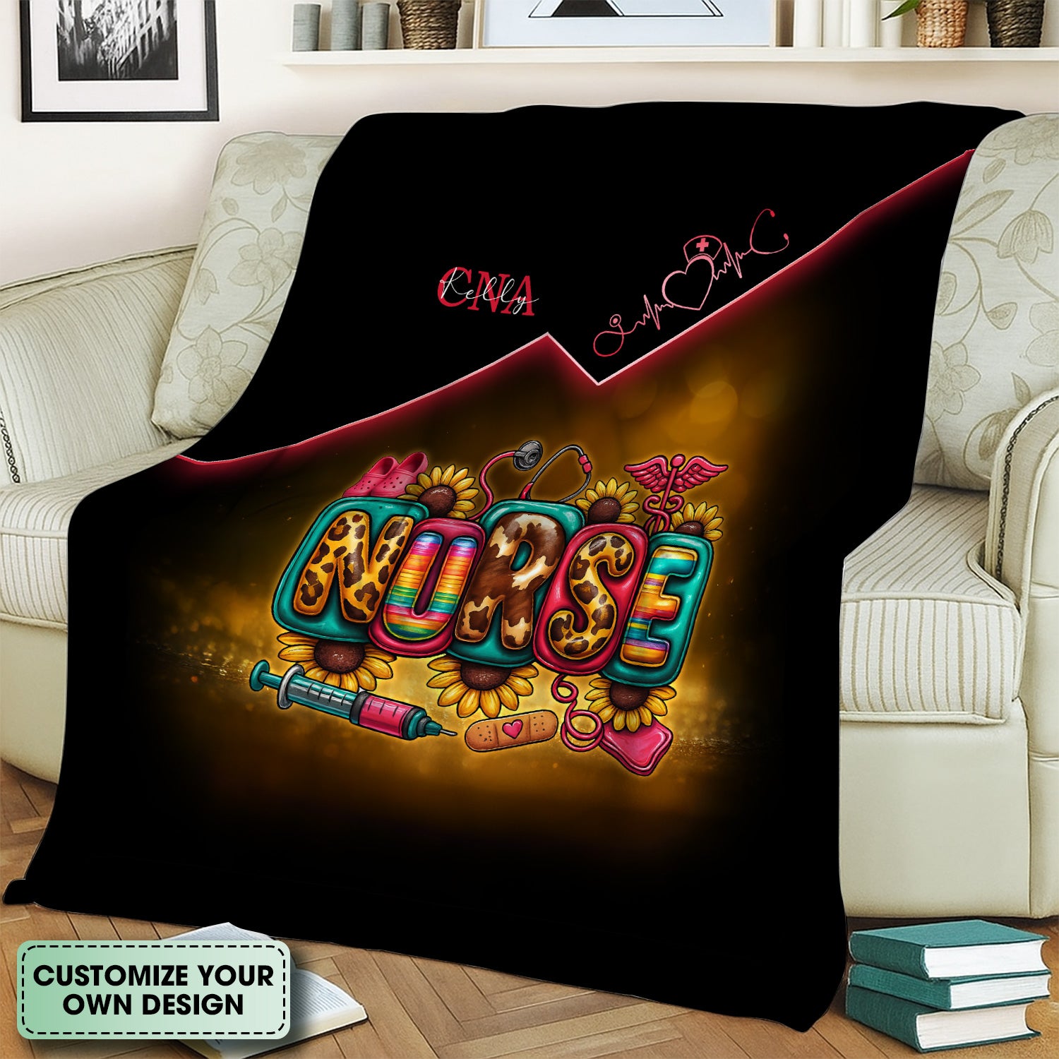 Custom Nurse Throw Blanket - Flower Medical & Syringe Graphic Design - Fun Gift for RN, LPN, Medical Staff