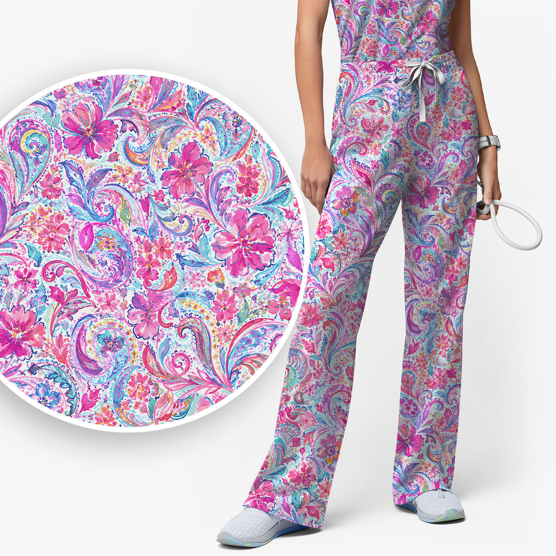Elegant Pink Paisley Blossom Pattern Scrub Set, Scrub Pants and V Neck Top