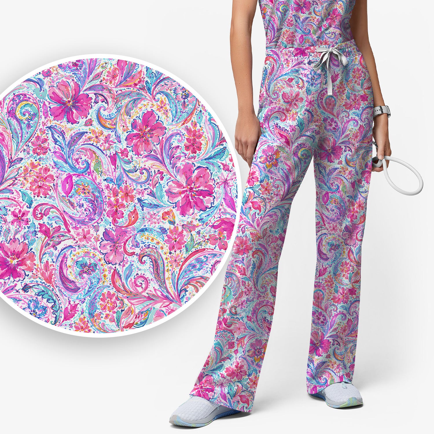 Elegant Pink Paisley Blossom Pattern Scrub Set, Scrub Pants and V Neck Top